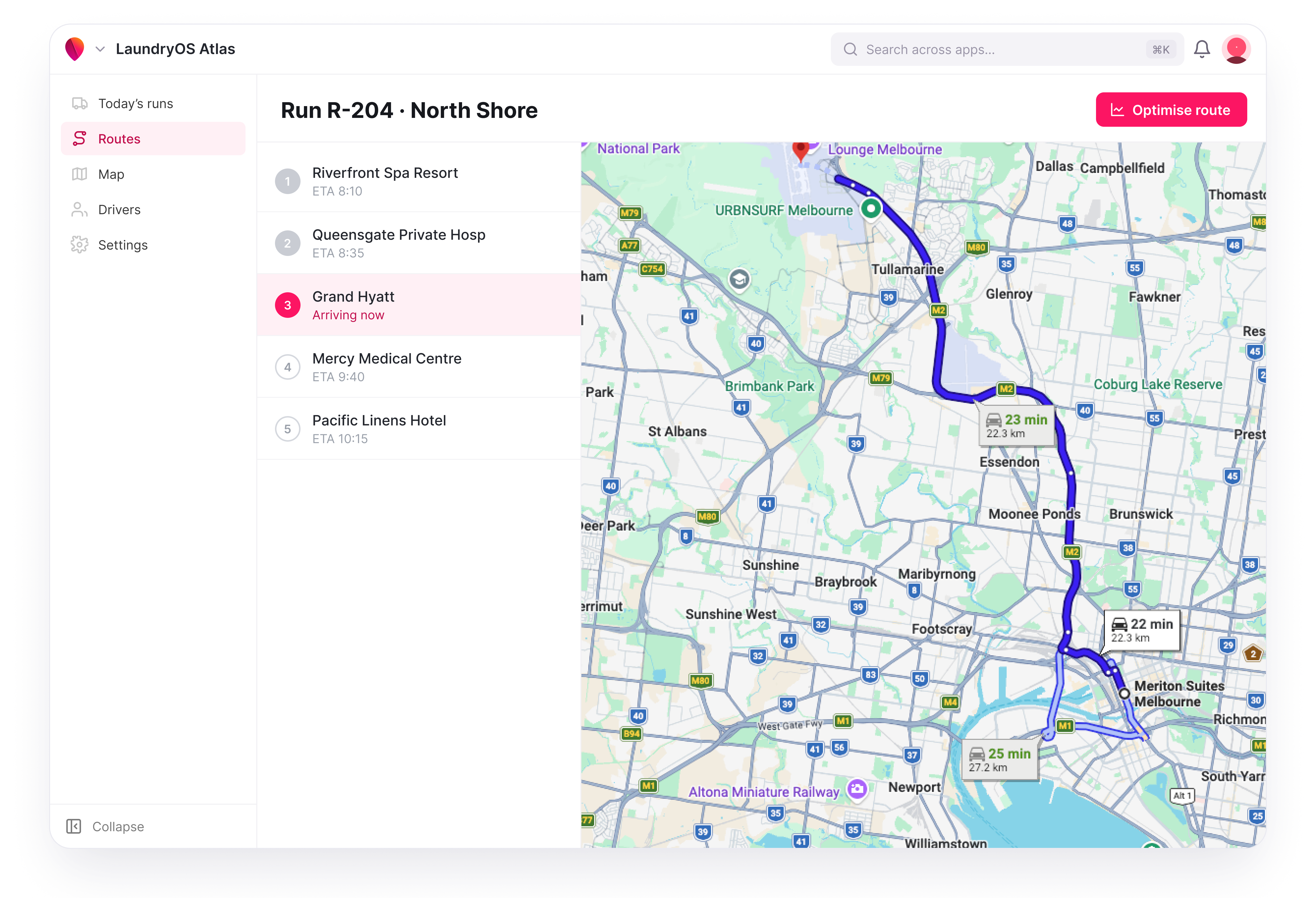 LaundryOS Atlas — delivery routes