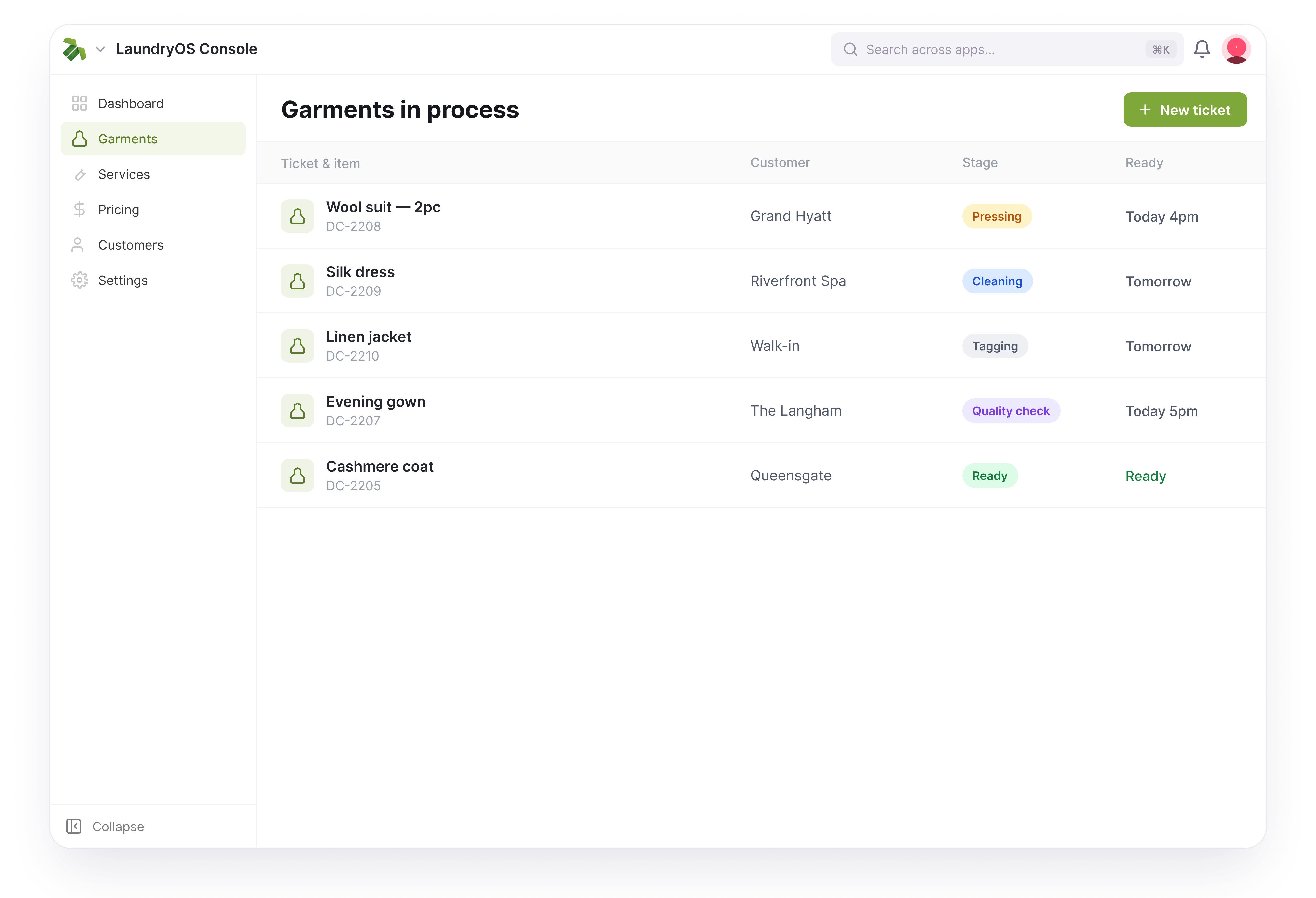 Console — Ticket list with statuses